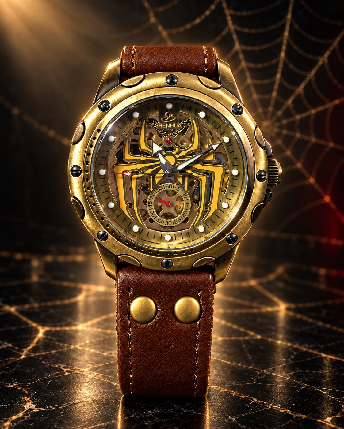 Spider Skeleton Automatic Mechanical Watch – Gold Case with Brown Leather Strap — fashion watch